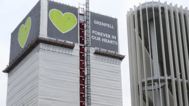 A photo of Grenfell Tower; it has construction all around it and a sign that says "Grenfell, forever in our hearts".