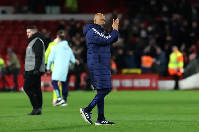 Nuno Espirito Santo, Manager of Nottingham Forest, applauds the fans