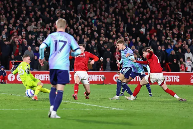 Matz Sels of Nottingham Forest saves from Martin Odegaard