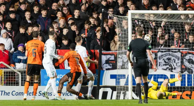 Hibernian's Mykola Kuharevich scores to make it 1-1 during a William Hill Premiership match between Dundee United and Hibernian at the Calforth Construction Arena at Tannadice,