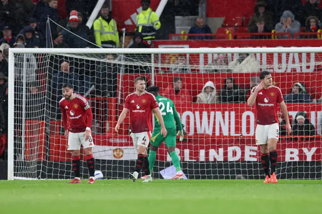 Bruno Fernandes, Matthijs de Ligt and Harry Maguire of Manchester United look dejected