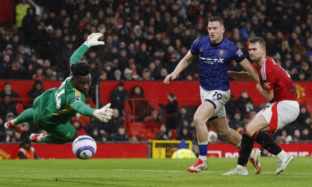 Ipswich Town's Liam Delap in action as Ipswich Town's Jaden Philogene