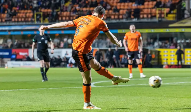 Dundee United's Ross Graham scores to make it 1-0 during a William Hill Premiership match between Dundee United and Hibernian at the Calforth Construction Arena at Tannadice,