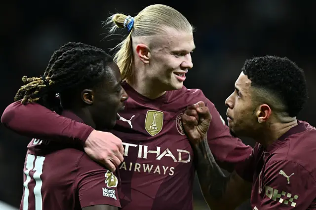 Erling Haaland of Manchester City FC celebrate with Jeremy Doku, Savinho