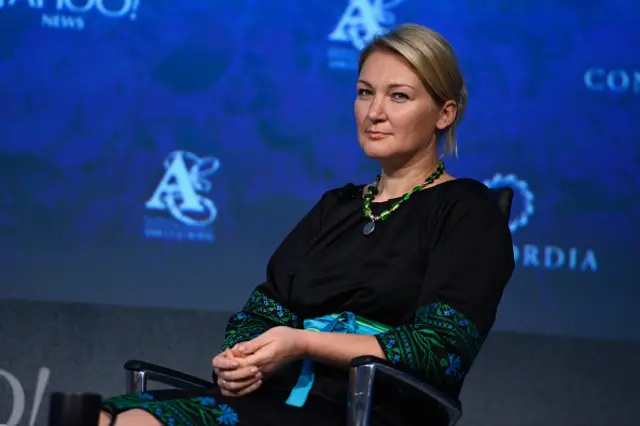 PeopleÕs Deputy of Ukraine Mariia Ionova sits on a chair during a forum in 2021