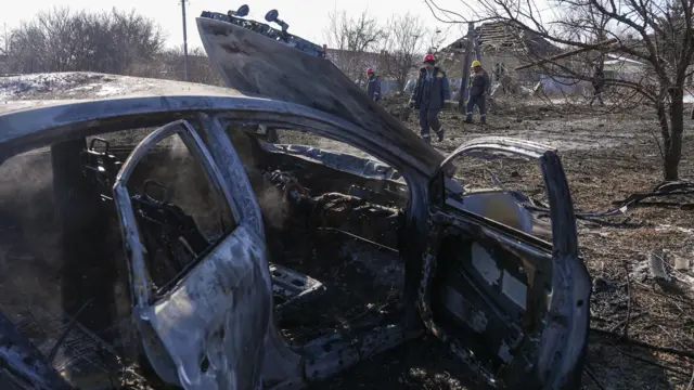 A burnt out car in Donetsk