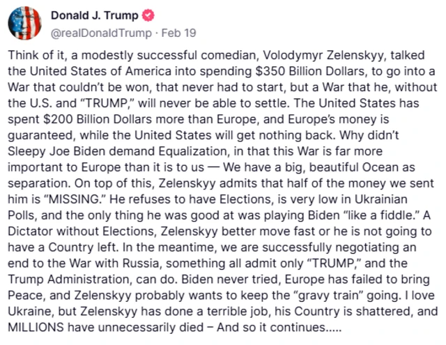 The Truth Social post in which Trump called Zelensky a "dictator without elections"