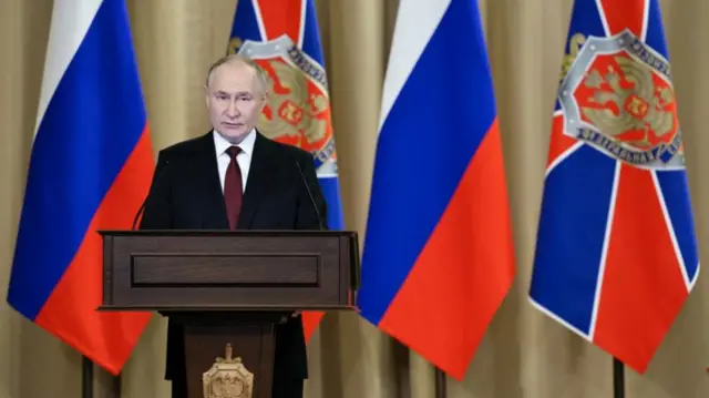 Russian President Vladimir Putin delivers a speech during a meeting of the Federal Security Service (FSB) Board in Moscow