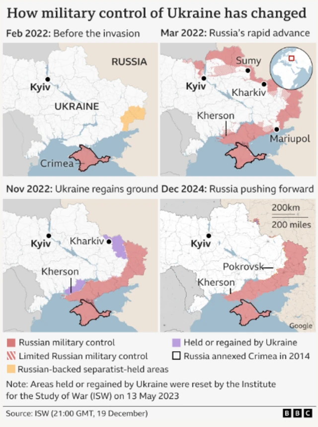 Four maps display how the war in Ukraine has evolved since Russia invaded in February 2022