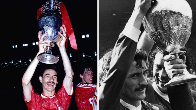 Ian Rush lifts the Division One trophy in 1990; Terry McDermott lifts the Division One trophy in 1977