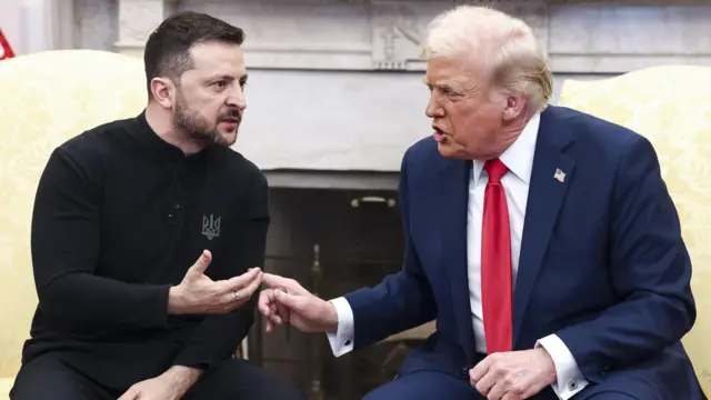 Volodymyr Zelensky talks with Donald Trump in the Oval Office