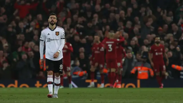 Bruno Fernandes looking sad after a Liverpool goal