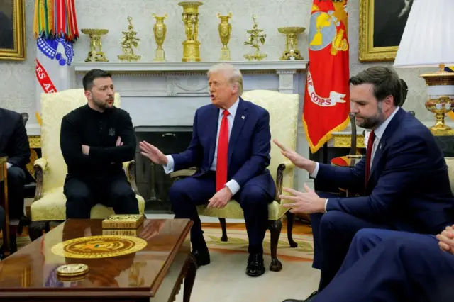 U.S. President Donald Trump meets with Ukrainian President Volodymyr Zelenskiy as U.S. Vice President JD Vance reacts at the White House in Washington