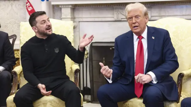 Sitting on gold chairs in the oval office, Trump, right, points a thumb at Zelensky while Zelensky, left, raises a hand as he speaks