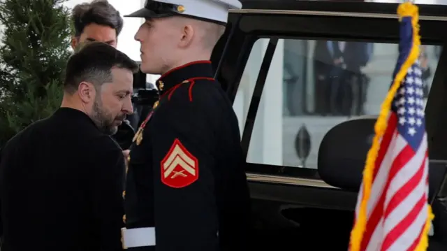 Ukrainian President Volodymyr Zelenskiy departs after a press conference with U.S. President Donald Trump was cancelled