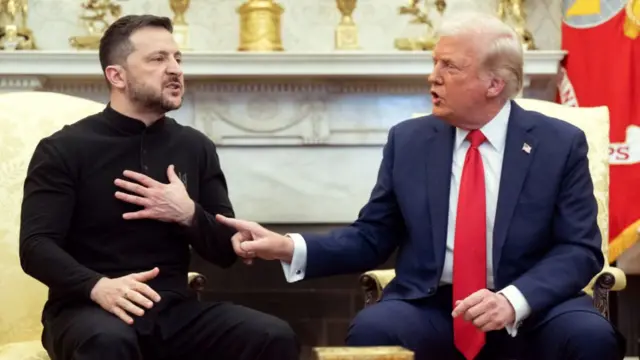 Zelensky puts his hand to his chest as he speaks, Donald Trump points at him, in the Oval Office