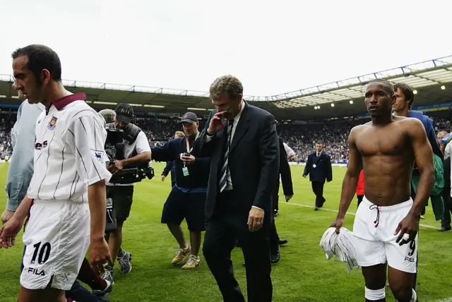 Paulo di Canio, Trevor Brooking and Jermain Defoe looking sad after West Ham's relegation in 2003