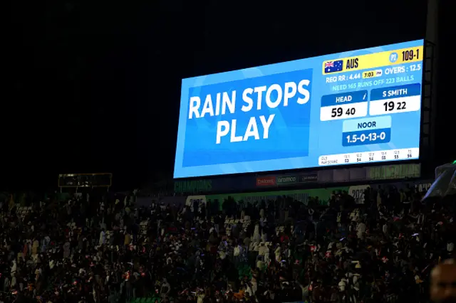 The scoreboard display as rain stops play