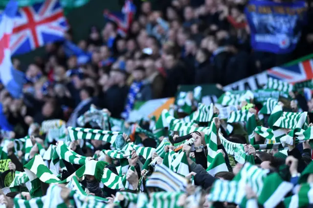 Celtic and Rangers fans at an Old Firm derby at Celtic Park