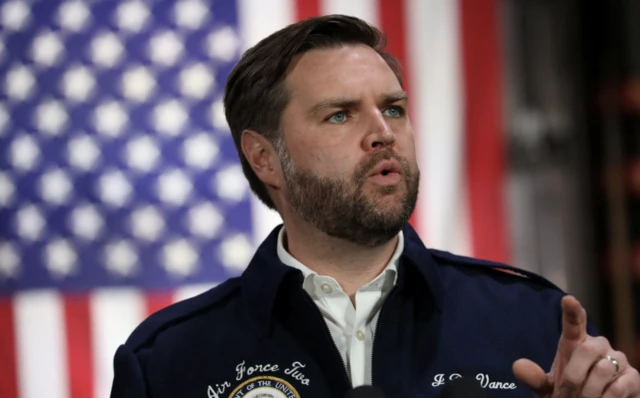 U.S. Vice President JD Vance speaks during a visit to East Palestine, Ohio