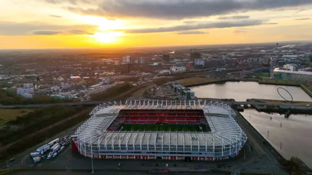 Sunset over the Riverside Stadium in Middlesbrough before the Sunderland game