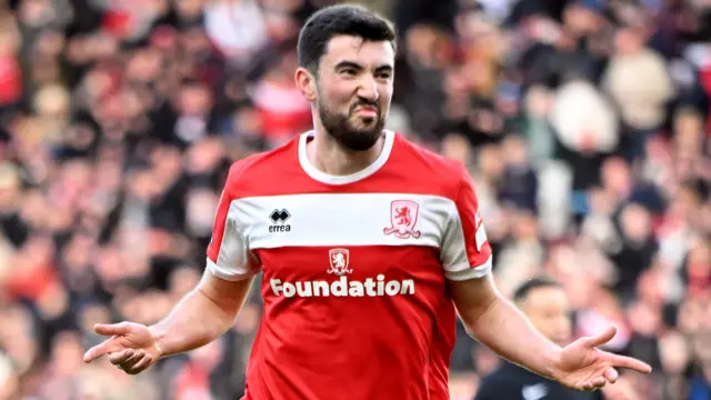 FFinn Azaz of Middlesbrough scores the opening goal and celebrates against Hull City on 30 November 2024