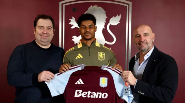 Marcus Rashford of Aston Villa signs on loan for Aston Villa pictured with Damian Vidagany and Monchi at Bodymoor Heath training ground