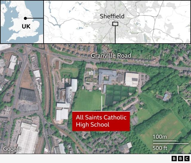 A map shows the location of the school on Granville Road in Sheffield, South Yorkshire