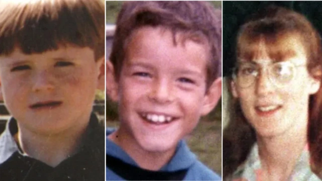 A composite image of three victims of the Omagh bombing. The first on the left is Oran Doherty, a young boy with a short haircut wearing a black shirt. The second is Shaun McLaughlin who is smiling at the camera. He has short, brown hair and is wearing a blue hoodie. The third is Esther Gibson who has large, circular glasses and shoulder length blonde hair with a full fringe.