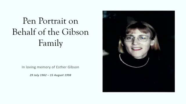 A cover page of a presentation which says Pen Portrait on Behalf of the Gibson Family, with a picture of Esther Gibson beside it. She is wearing a polar neck and a silver necklace