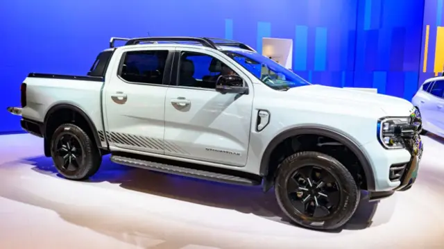 A white Ford Ranger pick-up truck at a motor show