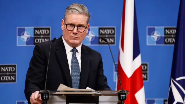 British Prime Minister Keir Starmer attends a joint news conference with NATO Secretary-General Mark Rutte (not pictured) following their meeting at the NATO headquarters in Brussels, Belgium