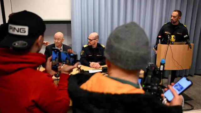 Orebro Healthcare Director Jonas Claesson, Chief of Police Patrick Ungsater, and head of the local police district Roberto Eid Forest, attend a press conference after five people were shot at the adult education center Campus Risbergska school in Orebro