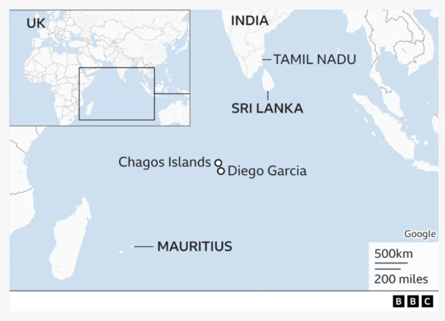 Map of the subasian continent showing southern India, Sri Lanka, and Chagos Island with Diego Garcia. To the left is a section of the African continent showing Mauritius