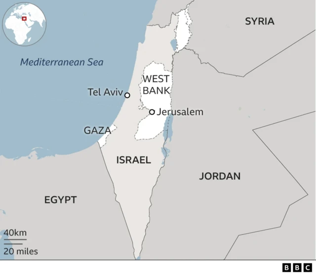 A map that shows where Egypt, Jordan, Syria and Israel are in relation to the Gaza Strip