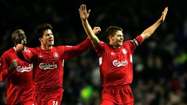 Steven Gerrard celebrates with Xabi Alonso