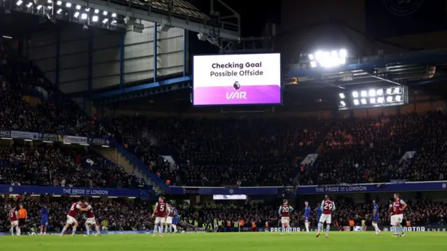 VAR screen showing a check for offside in the match between West Ham and Chelsea