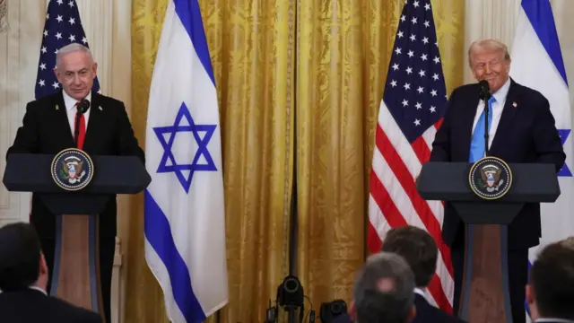 U.S. President Donald Trump and Israeli Prime Minister Benjamin Netanyahu hold a joint press conference