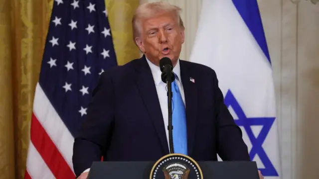 U.S. President Donald Trump speaks during a joint press conference with Israeli Prime Minister Benjamin Netanyahu in the East Room at the White House in Washington