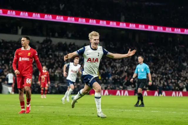 Bergvall celebrates his goal v Liverpool