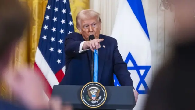 US President Donald Trump speaks during a press conference with Israeli Prime Minister Benjamin Netanyahu