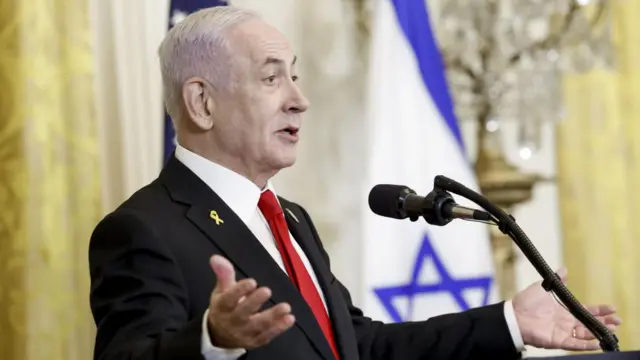 Israeli Prime Minister Benjamin Netanyahu speaks during a joint press conference with US President Donald J. Trump