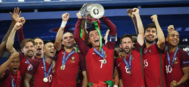 Cristiano Ronaldo lifting the Euro 2016 trophy