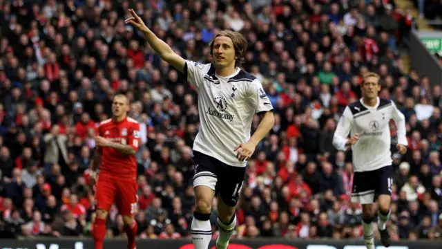 Luka Modric celebrates at Anfield in 2011