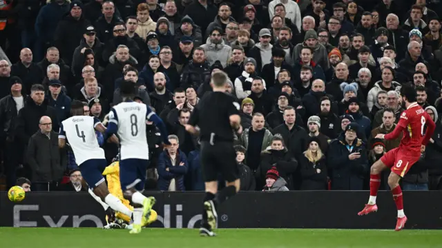 Liverpool's Dominik Szoboszlai scores a goal that was later disallowed