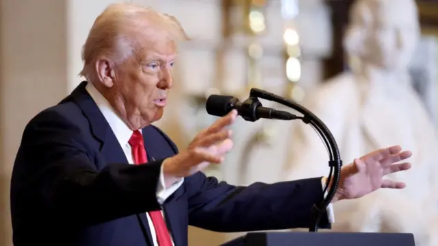 Taken from side on, Trump speaking into a microphone with his arms in front of him and hands splayed