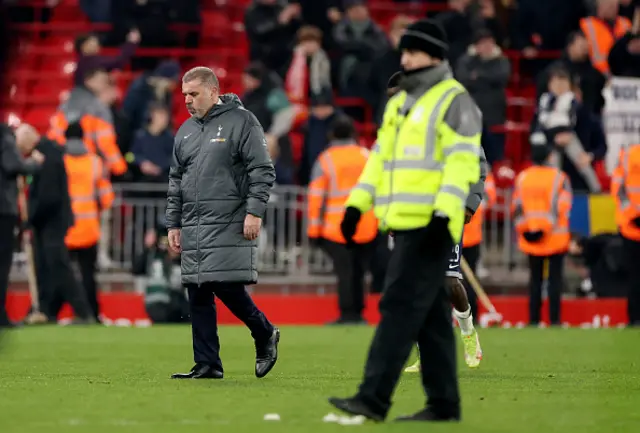 Ange Postecoglou, Manager of Tottenham Hotspur, reacts