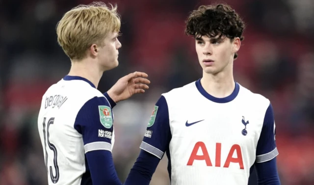 Tottenham Hotspur's Archie Gray (right) and Lucas Bergvall appear dejected