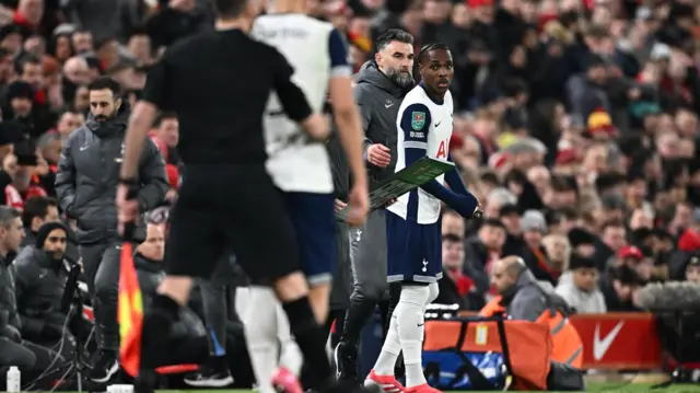 Tottenham Hotspur's Mathys Tel comes on as a substitute