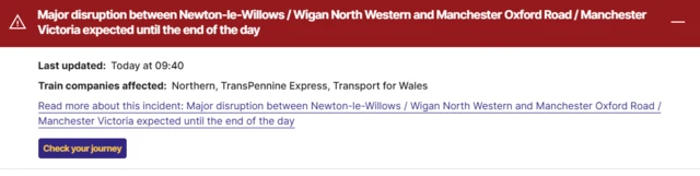 A screengrab of the disruption warning message from the National Rail website